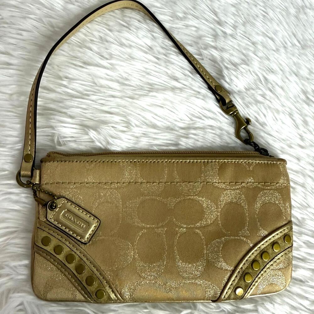 COACH Tan Signature Canvas Suede Stud Wristlet